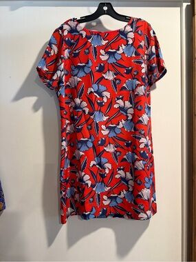 J. Crew Red Floral Shift Tunic with Blue and White Blooms